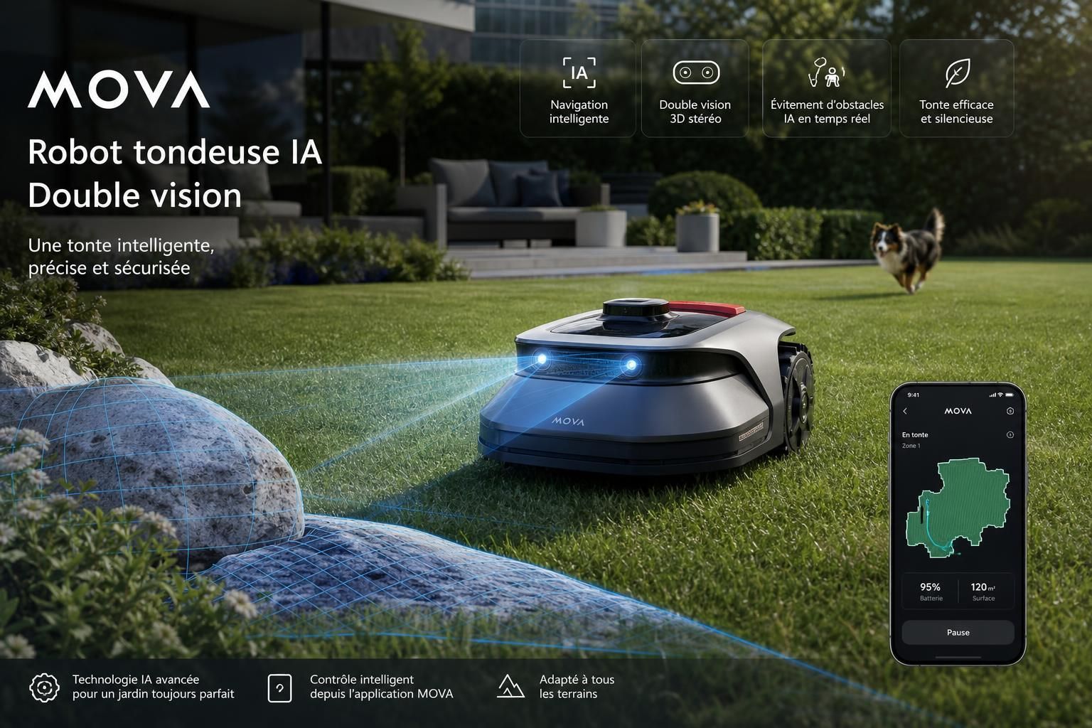 découvrez mova, le leader mondial des robots tondeuses équipés de vision binoculaire et propulsés par l'intelligence artificielle pour une tonte précise et autonome.