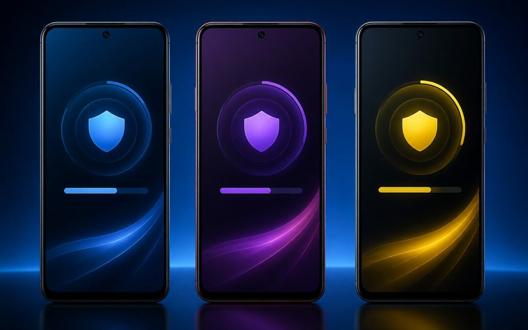 Trois smartphones Xiaomi, REDMI et POCO affichant un écran symbolisant une mise à jour HyperOS
