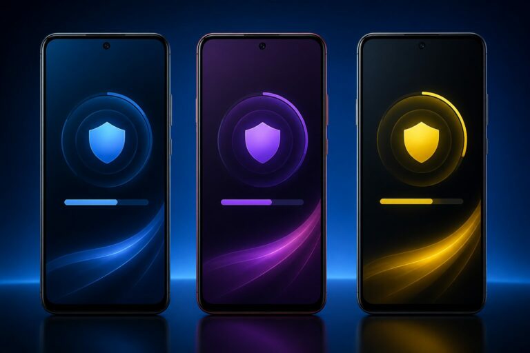 Trois smartphones Xiaomi, REDMI et POCO affichant un écran symbolisant une mise à jour HyperOS