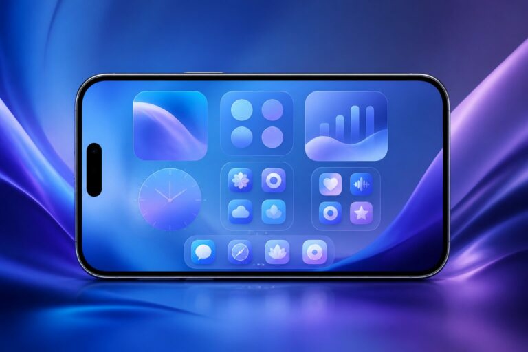 Écran de smartphone affichant une interface d’accueil translucide avec dossiers et panneaux aux effets de flou liquide