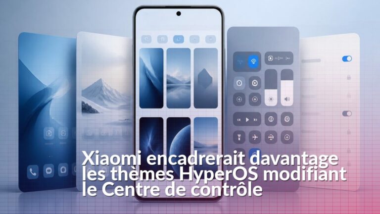 Illustration d’un smartphone affichant l’écran des thèmes HyperOS et un Centre de contrôle personnalisable