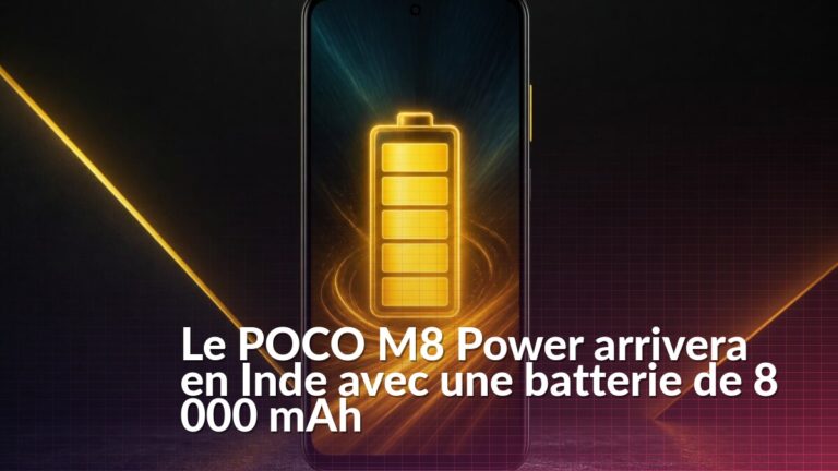 Illustration d’un smartphone POCO vu de face avec un écran coloré et une icône de batterie de 8 000 mAh