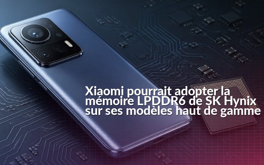 Illustration d’un smartphone Xiaomi à côté d’une puce de mémoire mobile SK Hynix LPDDR6