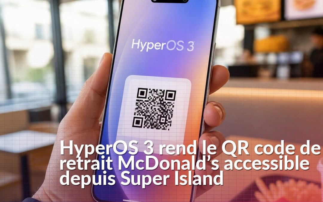 Smartphone Xiaomi montrant un QR code de retrait McDonald’s dans Super Island sous HyperOS 3