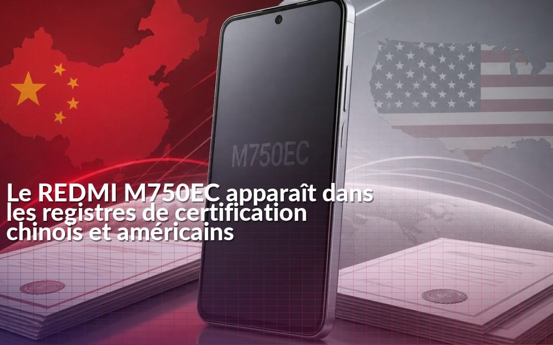 Smartphone REDMI M750EC devant les symboles des certifications chinoise CMIIT et américaine FCC
