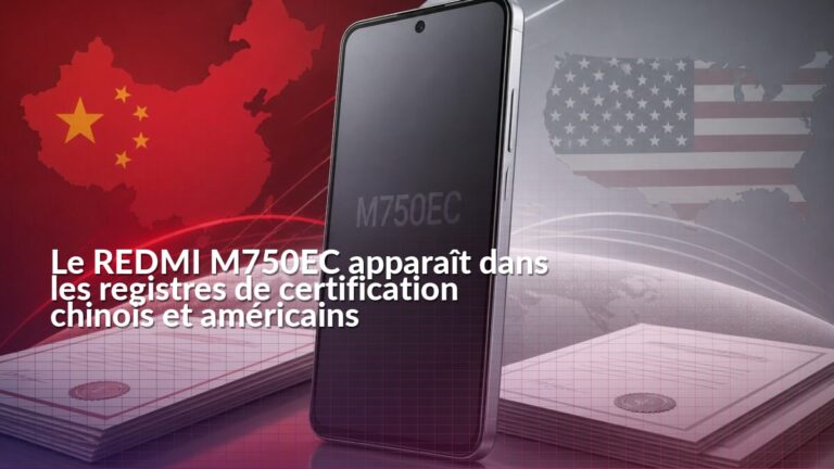 Smartphone REDMI M750EC devant les symboles des certifications chinoise CMIIT et américaine FCC