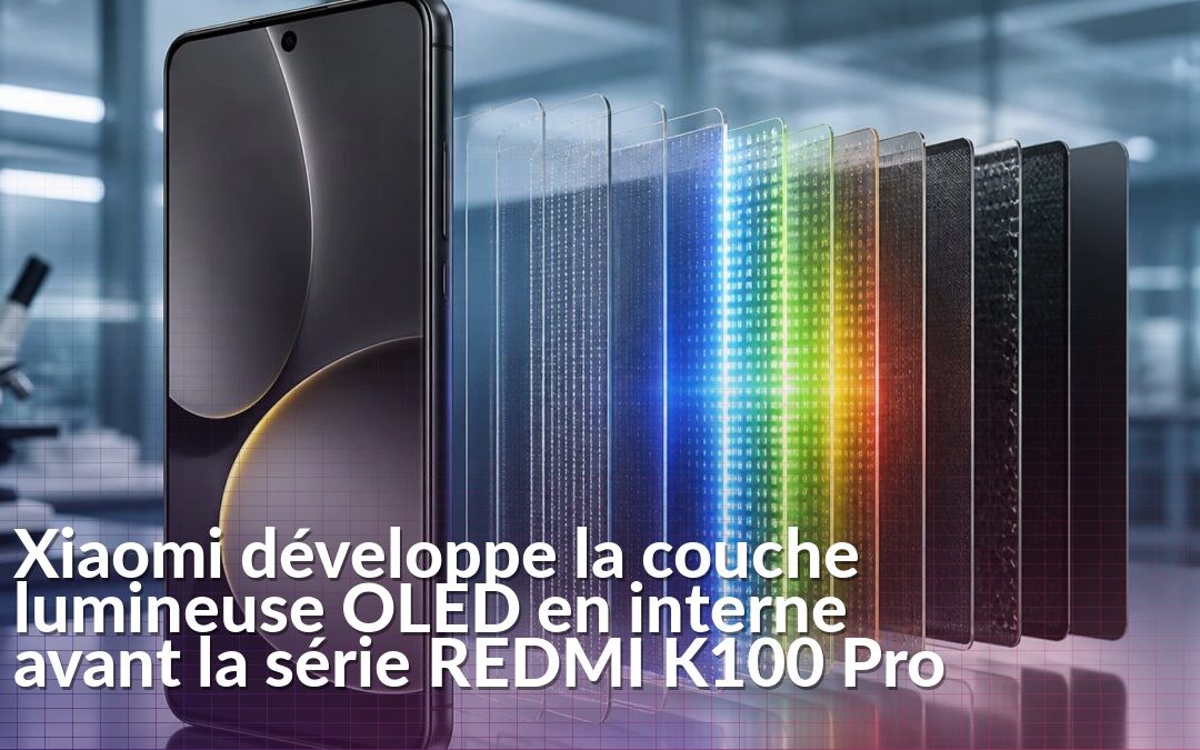 Smartphone Xiaomi devant une représentation de la couche lumineuse d’un écran OLED