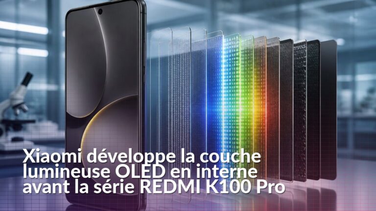 Smartphone Xiaomi devant une représentation de la couche lumineuse d’un écran OLED