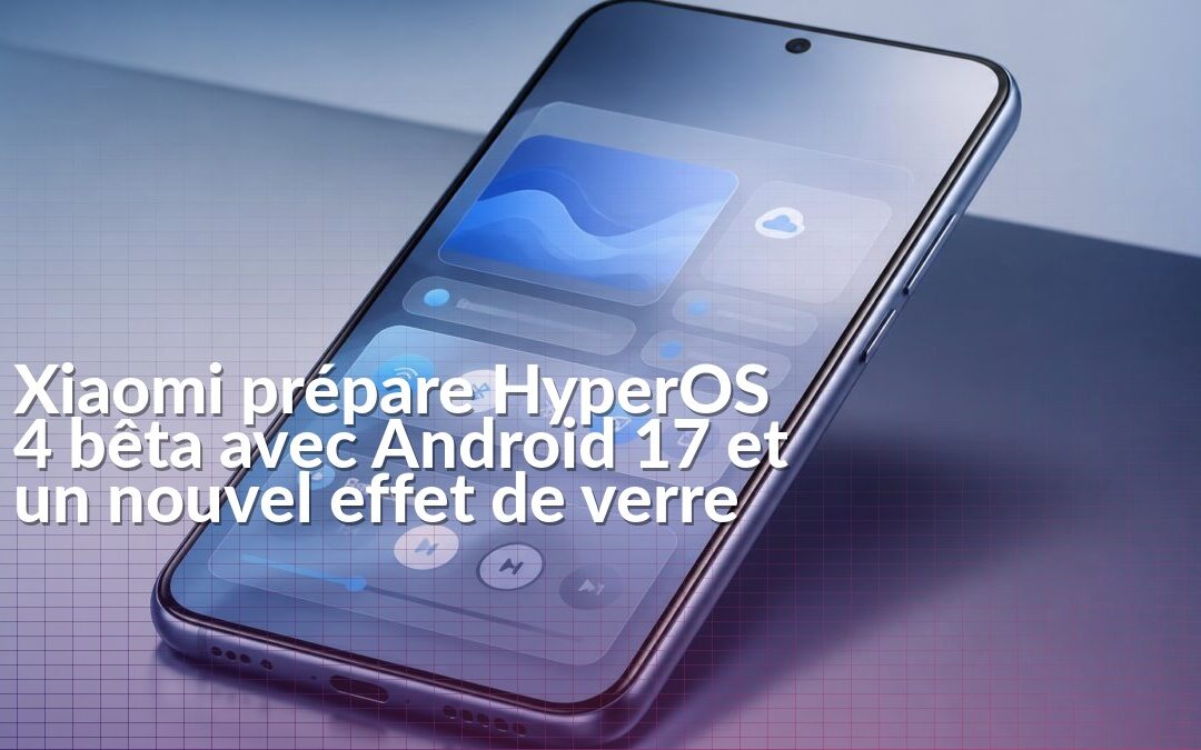 Smartphone Xiaomi présentant HyperOS 4 bêta avec une interface à effet de verre