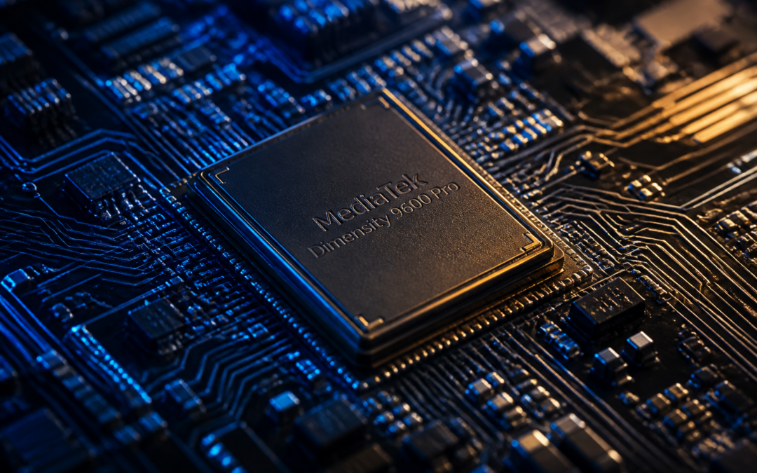 Illustration d’une puce MediaTek Dimensity 9600 Pro gravée en 2 nm sur fond sombre