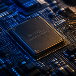 Illustration d’une puce MediaTek Dimensity 9600 Pro gravée en 2 nm sur fond sombre