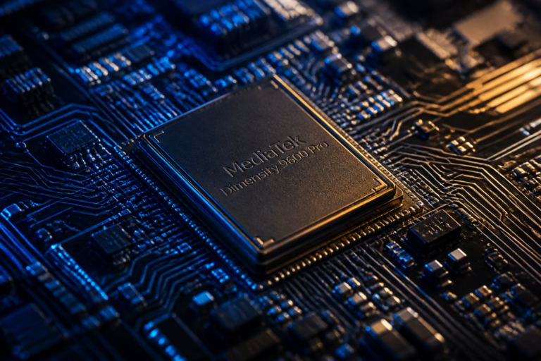 Illustration d’une puce MediaTek Dimensity 9600 Pro gravée en 2 nm sur fond sombre