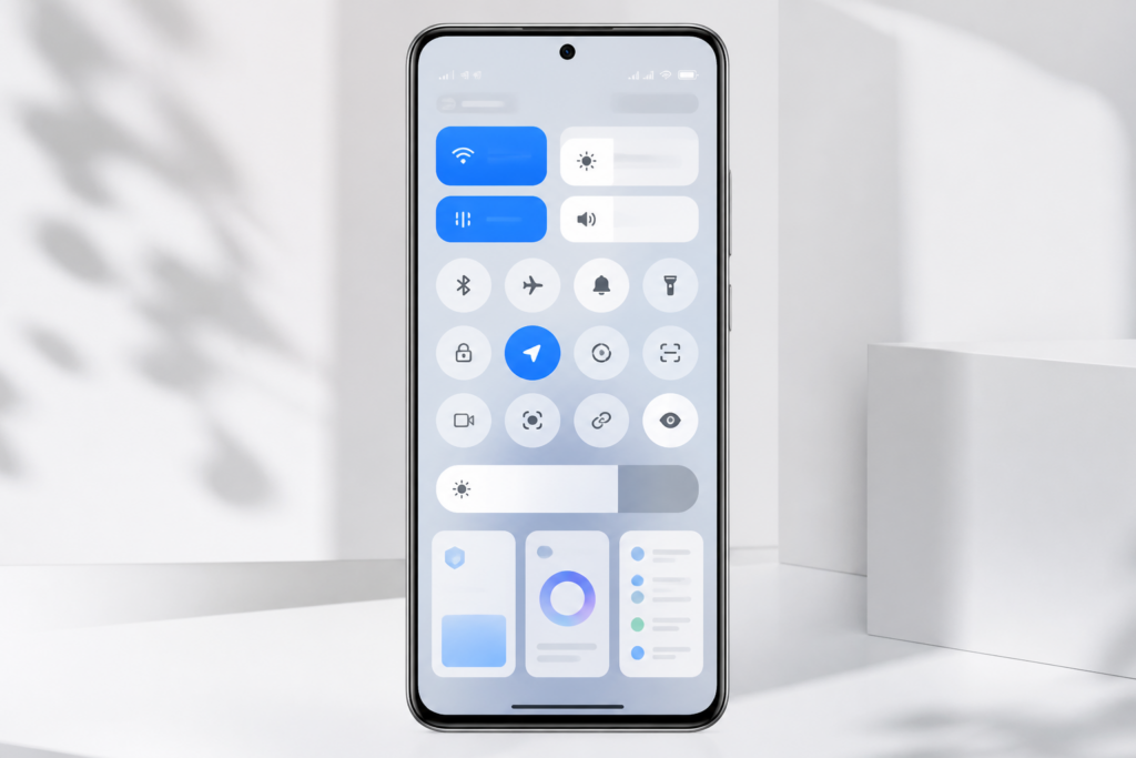 Smartphone Xiaomi affichant l’interface HyperOS 4 avec un panneau de réglages
