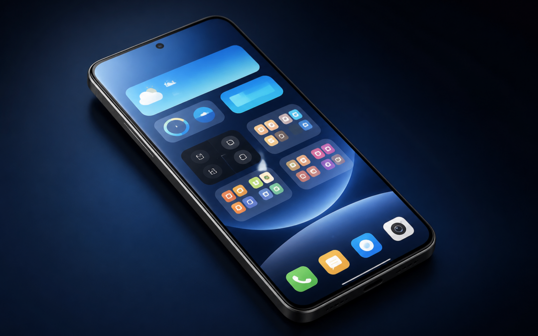 Écran d’accueil Xiaomi avec le lanceur HyperOS illustrant une mise à jour APK
