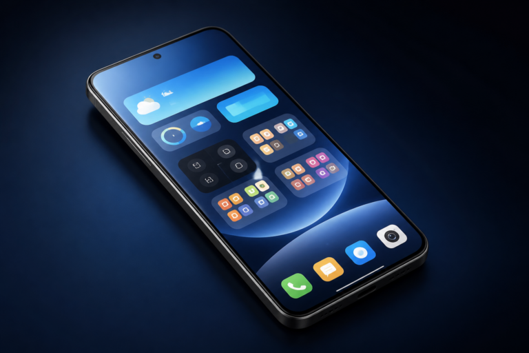Écran d’accueil Xiaomi avec le lanceur HyperOS illustrant une mise à jour APK