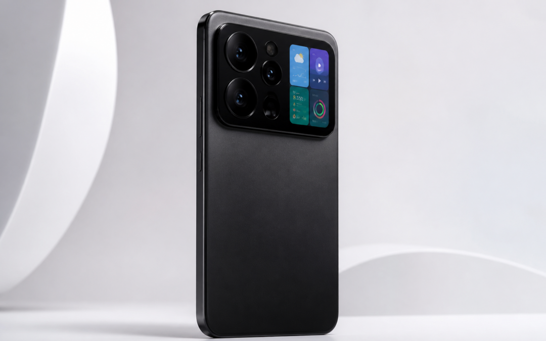 Xiaomi 18 Pro vu de dos avec son grand module photo horizontal et son écran arrière intégré