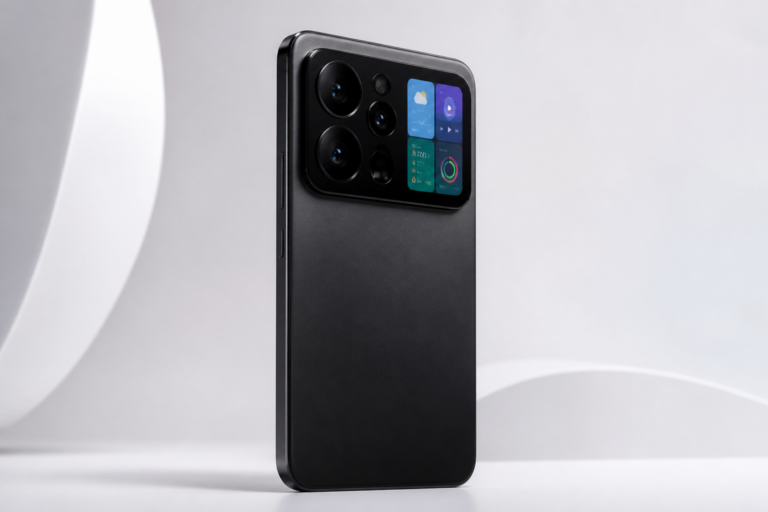 Xiaomi 18 Pro vu de dos avec son grand module photo horizontal et son écran arrière intégré