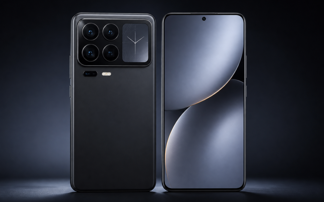 Vue de face et de dos d’un Xiaomi 18 Pro avec son écran bord à bord et son module photo Leica arrière