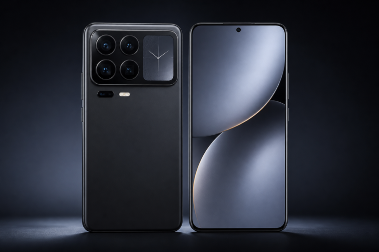 Vue de face et de dos d’un Xiaomi 18 Pro avec son écran bord à bord et son module photo Leica arrière
