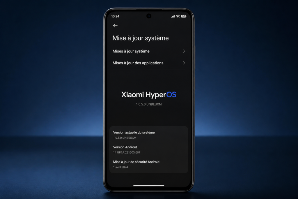 Écran d’un smartphone Xiaomi affichant la recherche de mise à jour HyperOS dans les paramètres