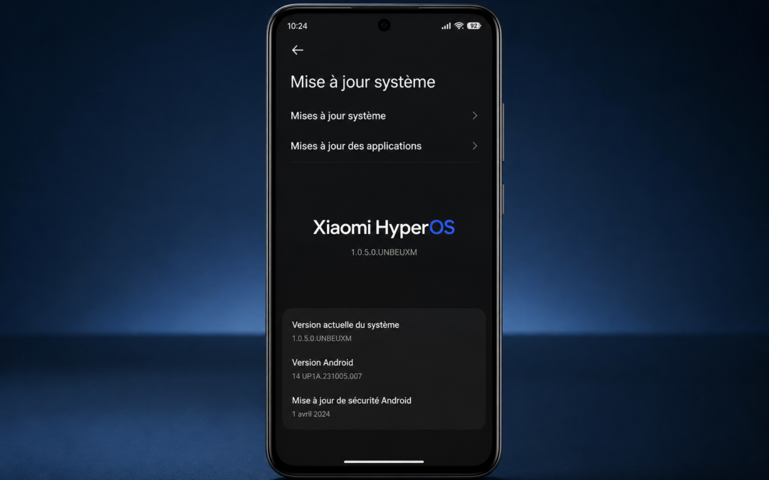 Écran d’un smartphone Xiaomi affichant la recherche de mise à jour HyperOS dans les paramètres