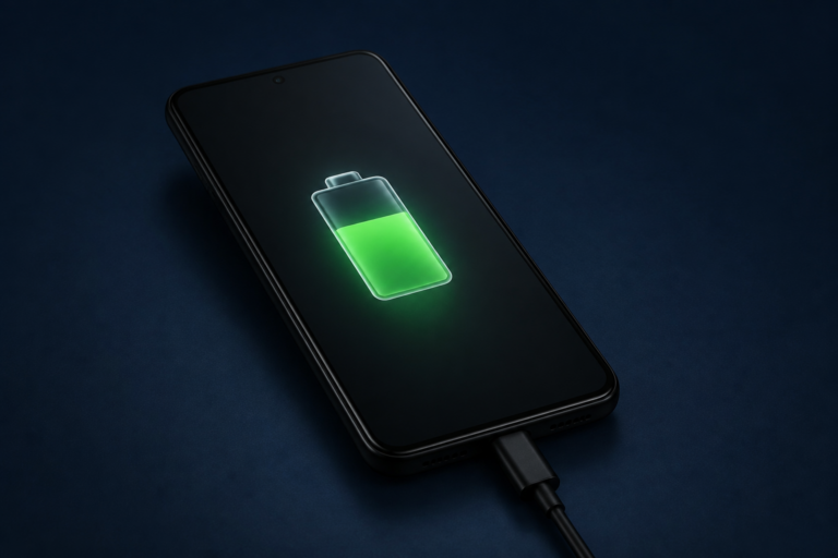 Xiaomi 18 Pro illustré avec un indicateur de batterie et un câble de recharge