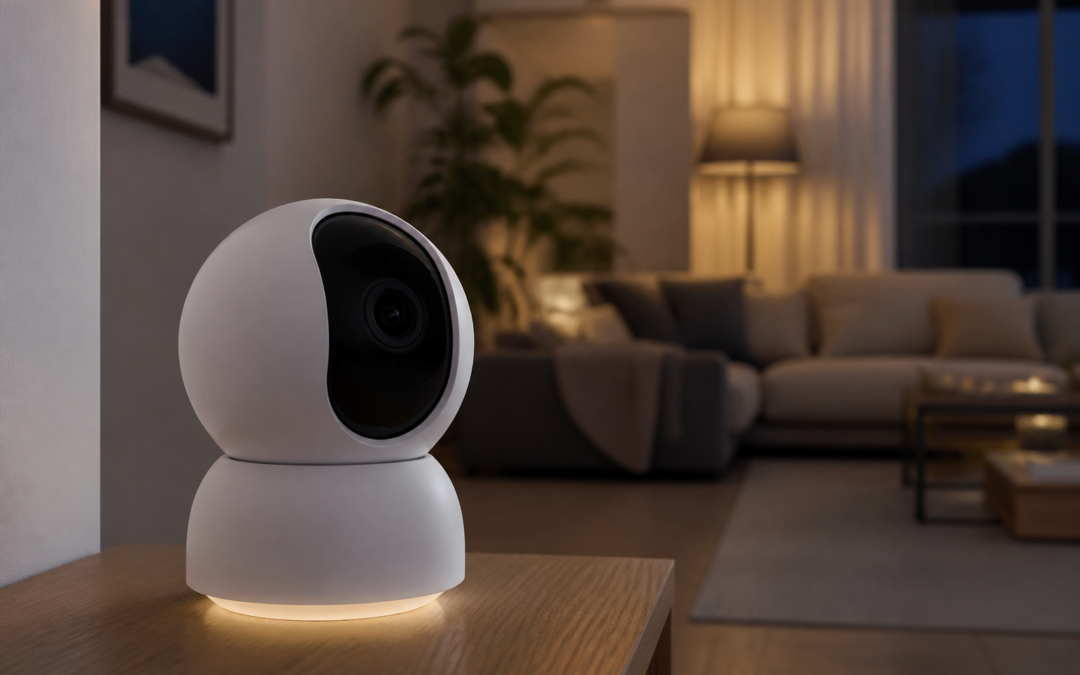 Xiaomi Smart Camera 5 Pro posée sur un meuble, avec son module caméra motorisé et sa veilleuse intégrée