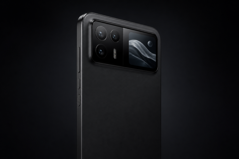 Xiaomi 18 Pro vu de dos avec son module photo horizontal et son écran arrière intégré