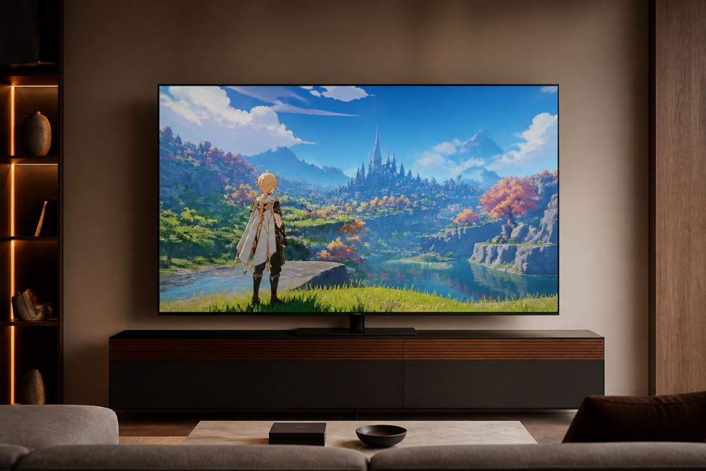Téléviseur REDMI RGB-Mini LED 2027 affichant une image colorée dans un salon