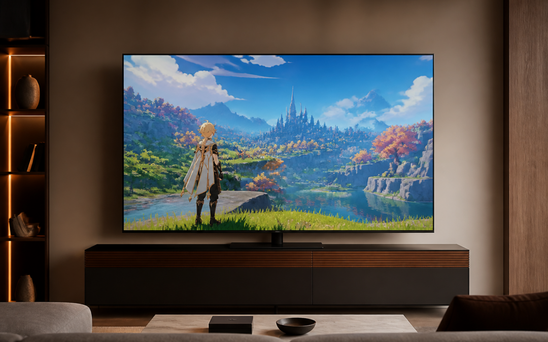 Téléviseur REDMI RGB-Mini LED 2027 affichant une image colorée dans un salon