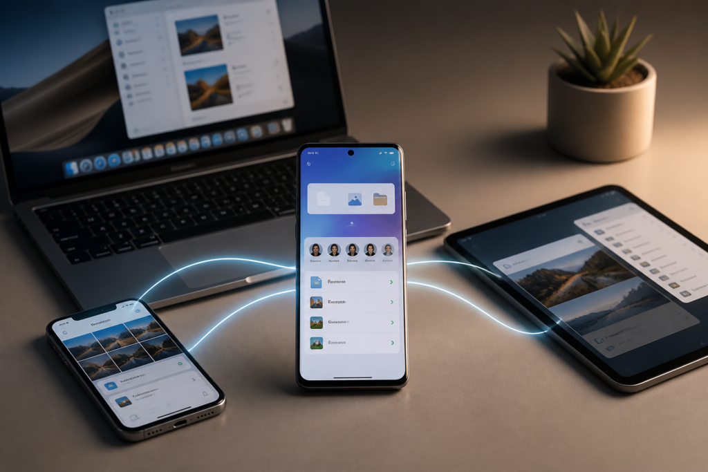 Un smartphone Xiaomi échange des fichiers avec un iPhone et un Mac via Xiaomi Interconnectivity