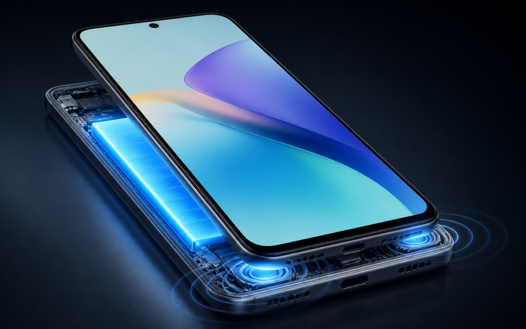 Illustration du REDMI K100 avec batterie de 10 000 mAh et haut-parleurs Bose