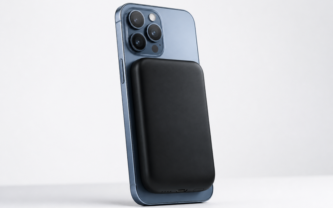 Batterie externe magnétique Xiaomi Jinshajiang 5 000 mAh ultra-fine posée à côté d’un smartphone