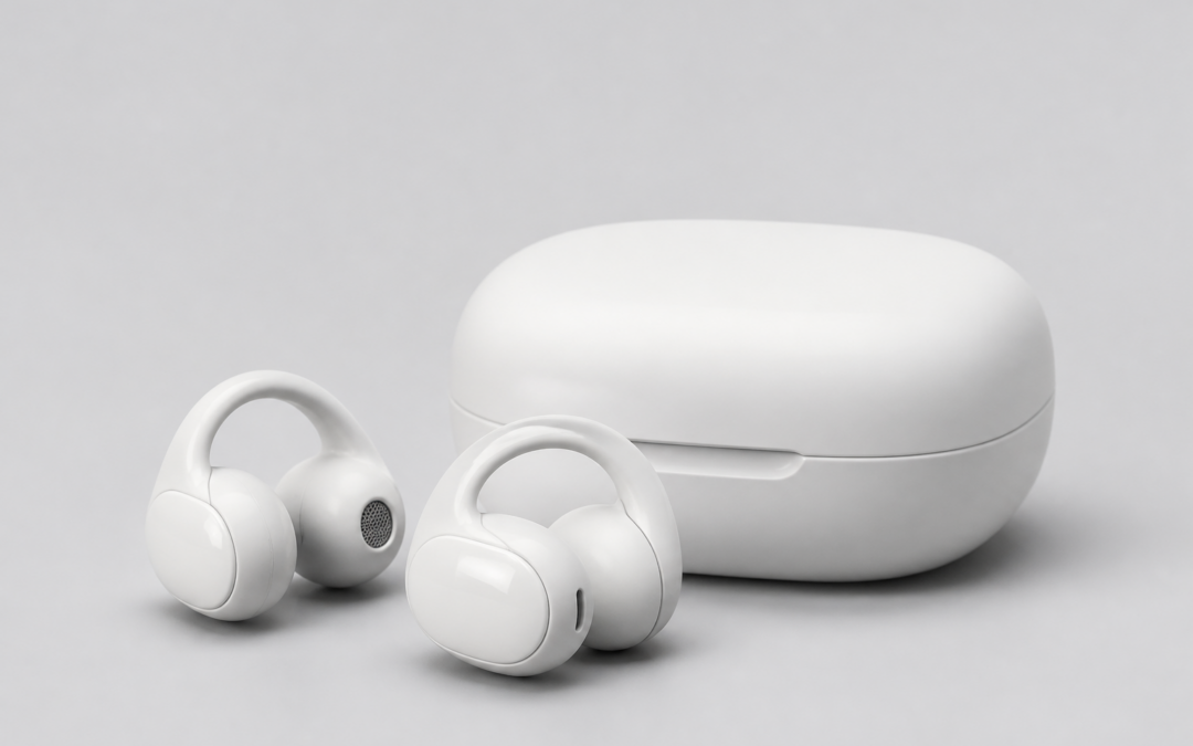 Écouteurs à clip REDMI Clip Neo blancs et leur boîtier de recharge
